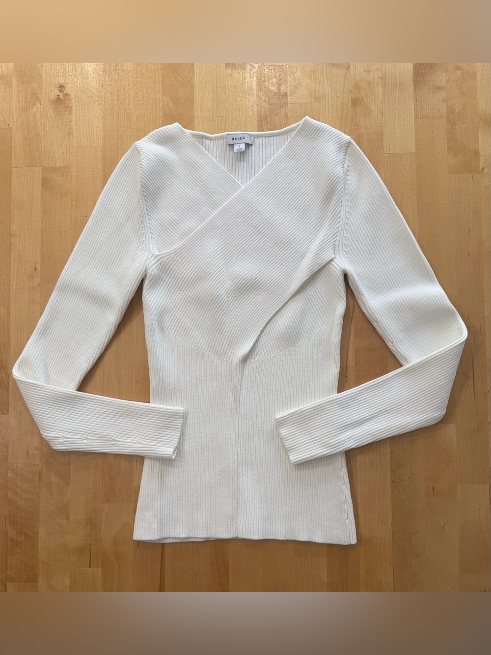 Reiss Cream Ribbed Wrap-Front Long Sleeve Top - Picture 4 of 8